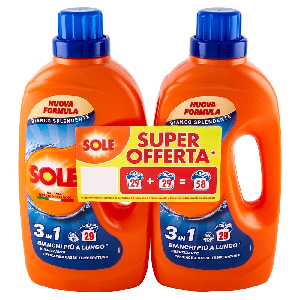 Sole Detersivo lavatrice Bianco Splendente 58 lavaggi 2 x 1,305 L